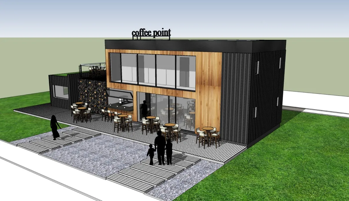 Coffee Point - moderná kaviareň s terasou a dreveným obkladom